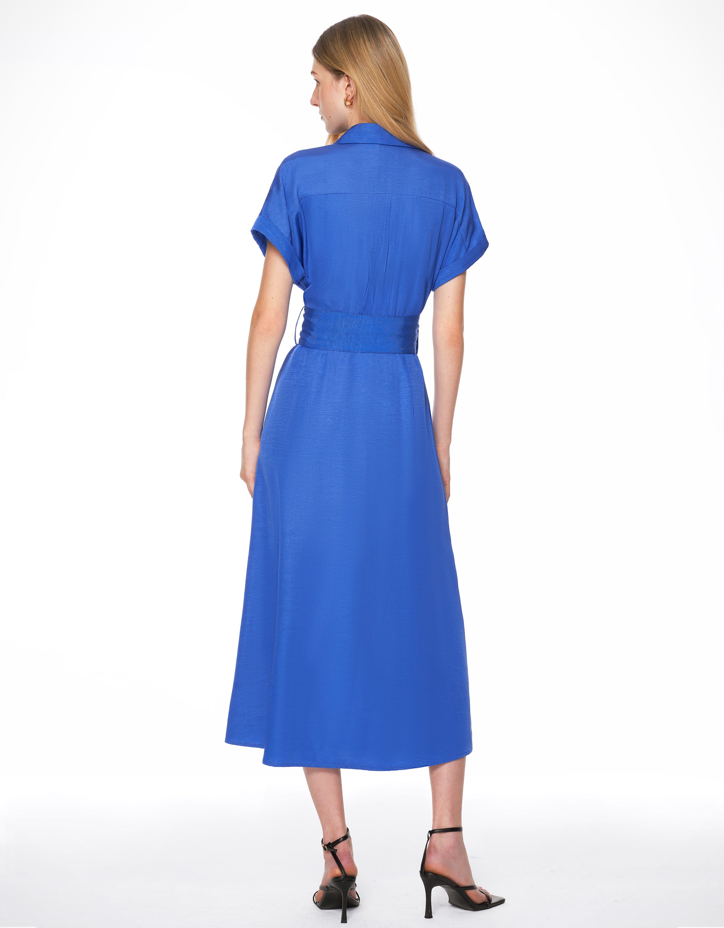 Button Up V Neck Belted Dress