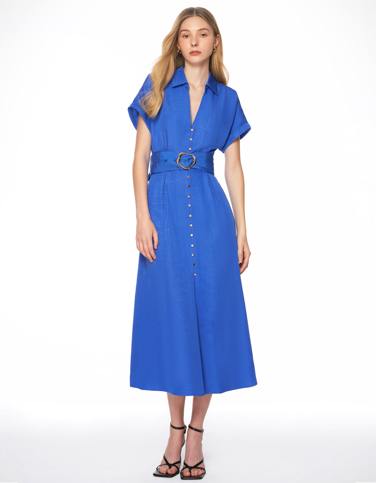 Button Up V Neck Belted Dress