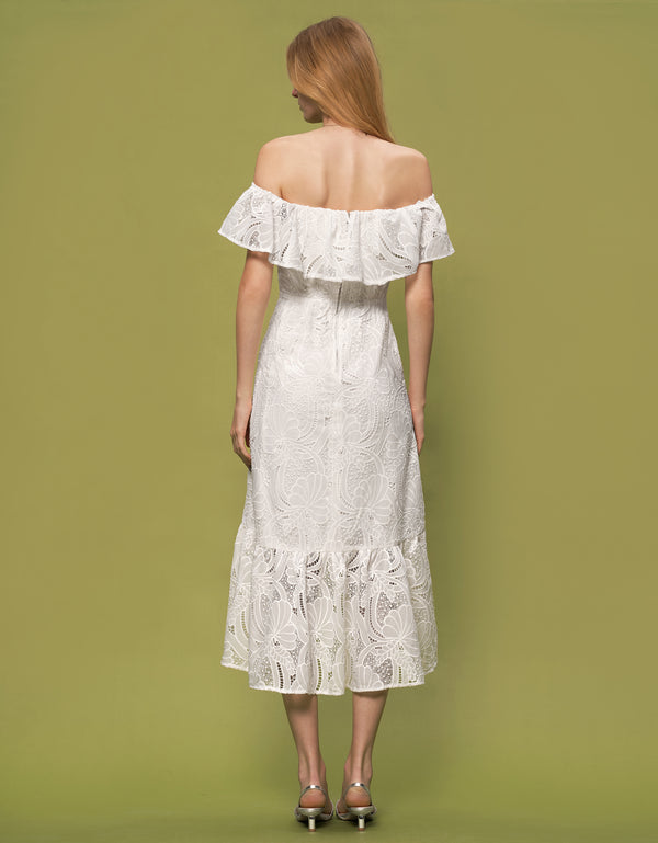 Off Shoulder Ruffle Detail Lace Dress